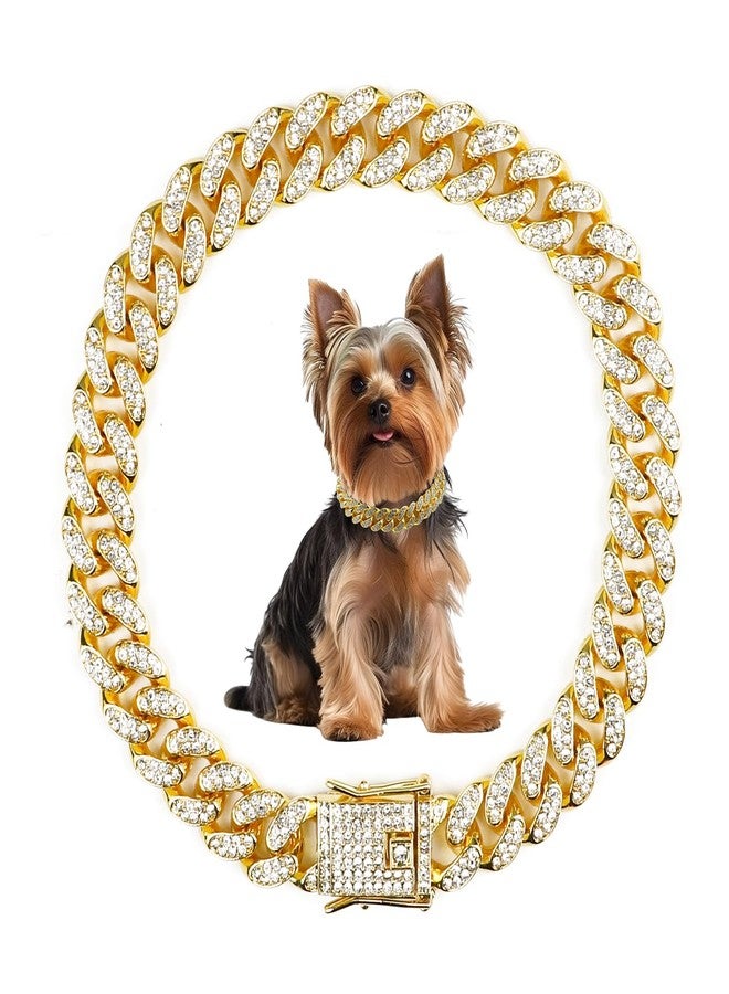 OXDFK Cuban Dog Chain Collars, Gold Crystal Pet Necklace, Metal Pet Necklace with Safety Buckle Lock, for Small Medium Large Dogs Cats (12 Inch) - Image 1